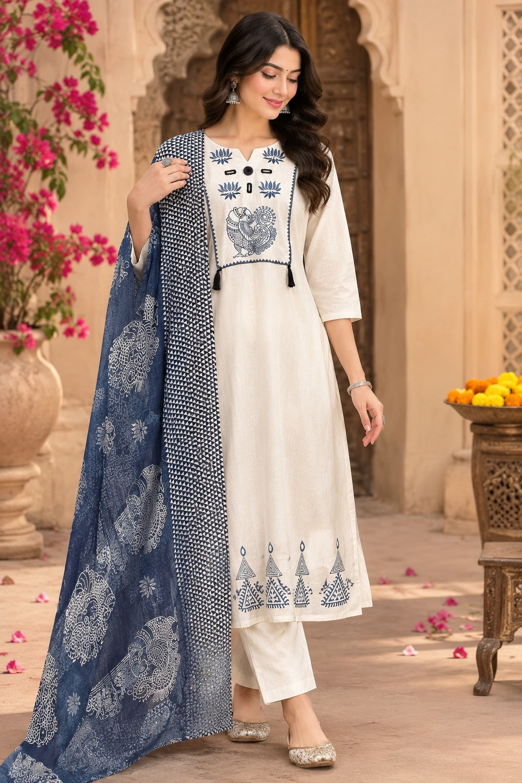 Super pretty indigo blue and white cotton suit set