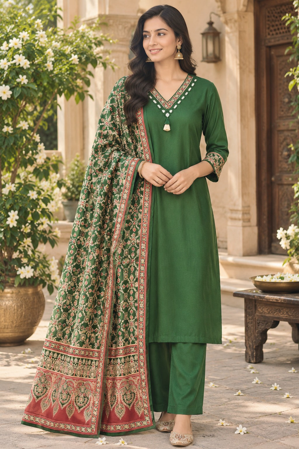 Premium gaji silk suit set paired with Kalamkari dupatta in green