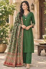 Premium gaji silk suit set paired with Kalamkari dupatta in green