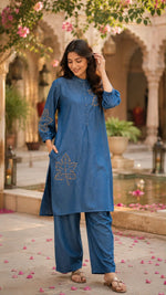 Super soft embroidered denim cotton co ord in blue