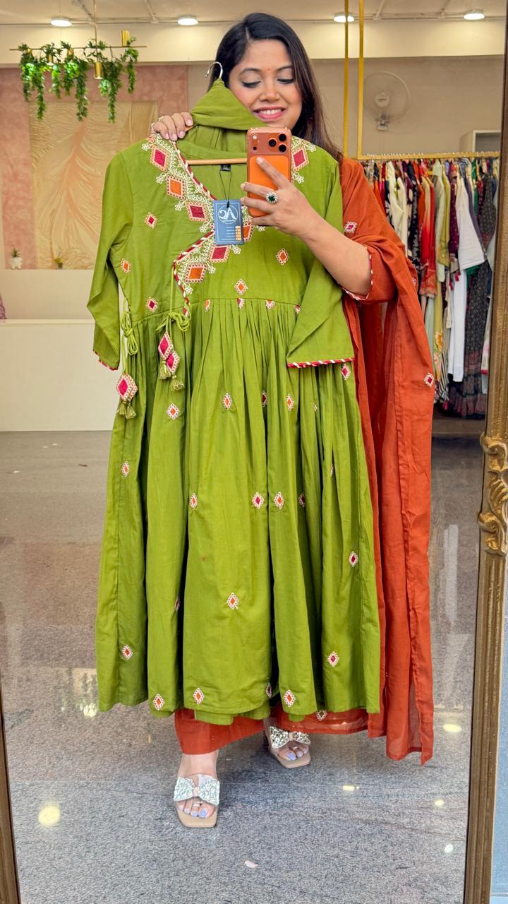 Super premium zari embroidered cotton angrakha Anarkali suit set in green