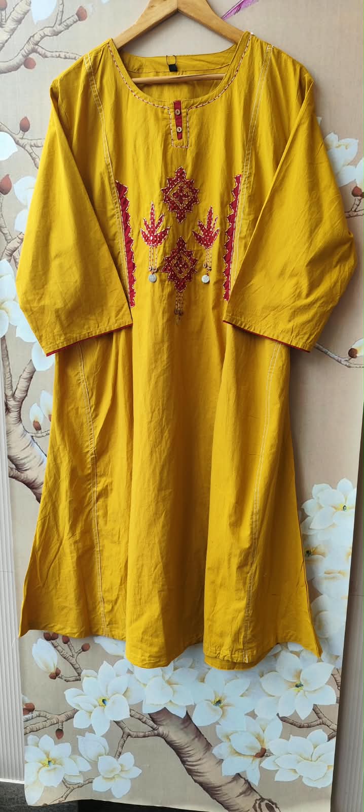 Premium cotton applique suit set in red n yellow