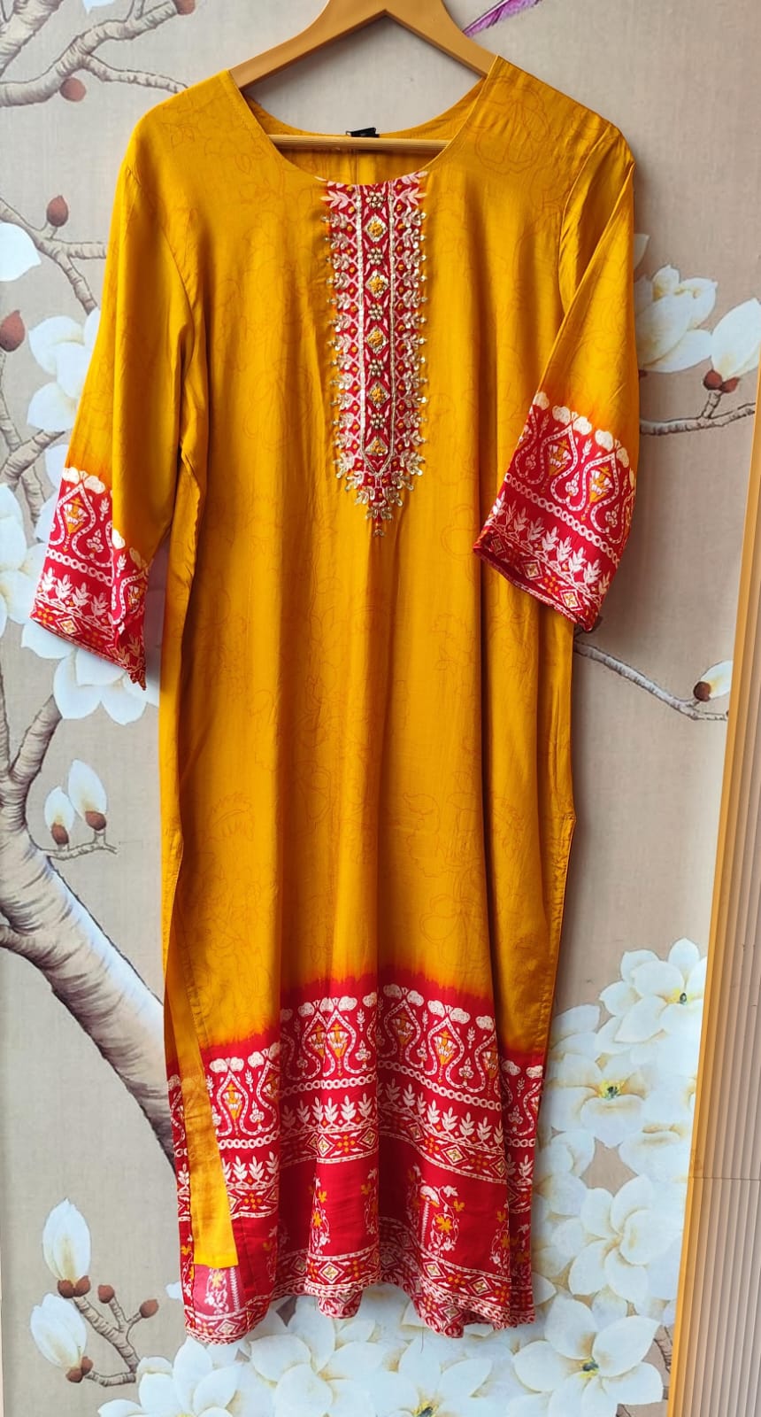 Russian silk yellow n red suit set