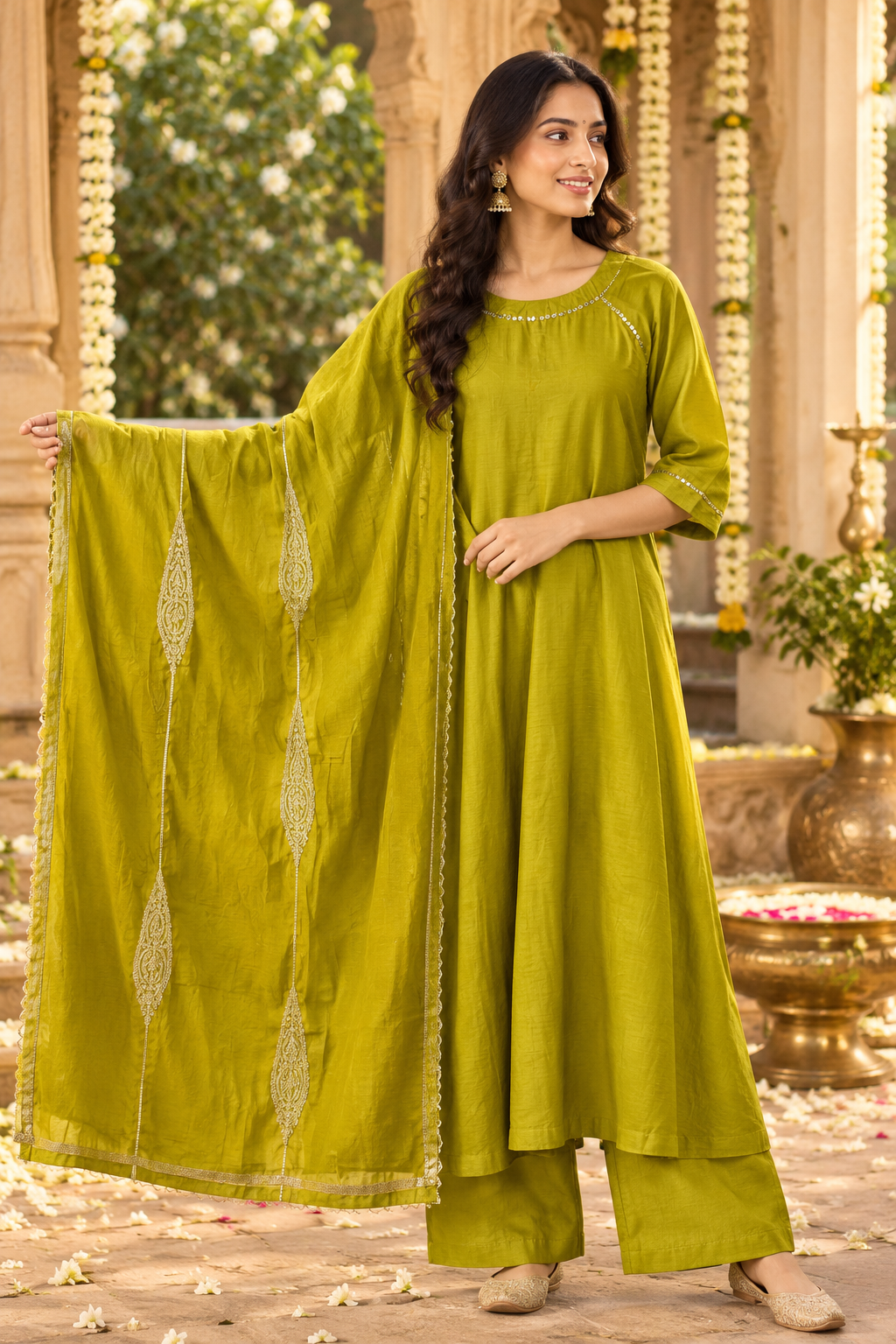 Pure Banarasi Mul chanderi with zari detailing on the dupatta in green