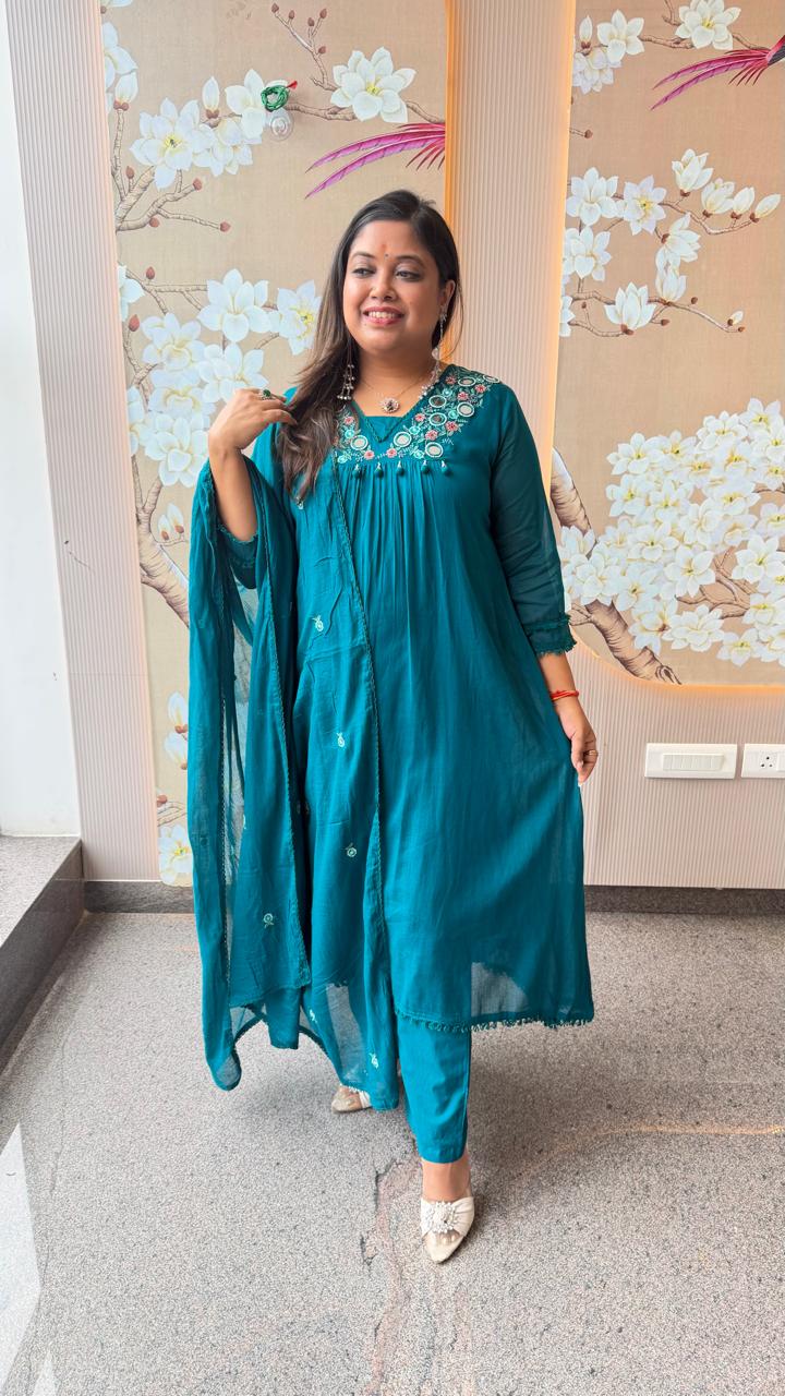 Pure Mul cotton real mirror rama blue full suit set in rama