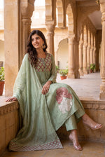 Gorgeous applique work Mul chanderi suit set in green