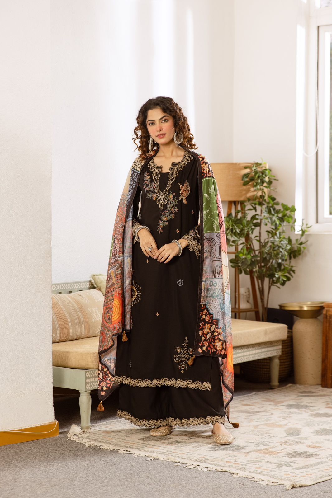 Restocked heavy rayon designer co ord in black