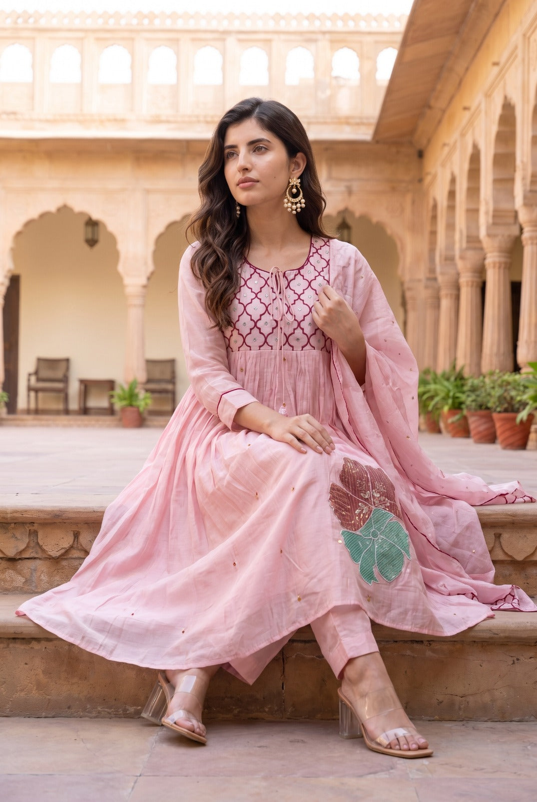 Gorgeous applique work Mul chanderi suit set in pink