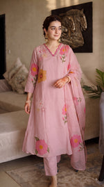 Brush painted premium Mul Chanderi Anarkali suit set in pink
