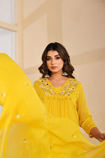 Pure Mul cotton real mirror full suit set in yellow