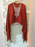 Pretty chinon hand word kaftan paired with brocade plazzo pants in orange