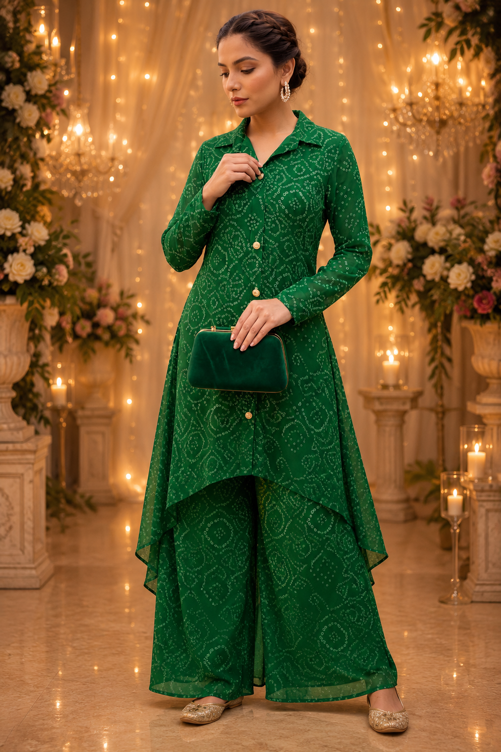 Emerald green georgette lining kurta pant