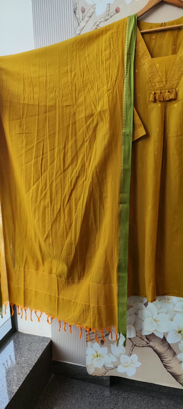 Premium handloom cotton zari weaved suit in yellow n green