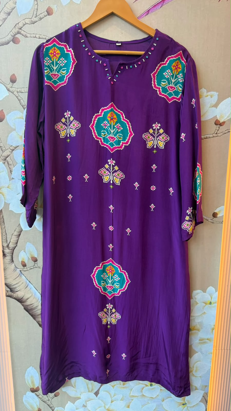 Pure crepe Patola print in contrast suit set in purple