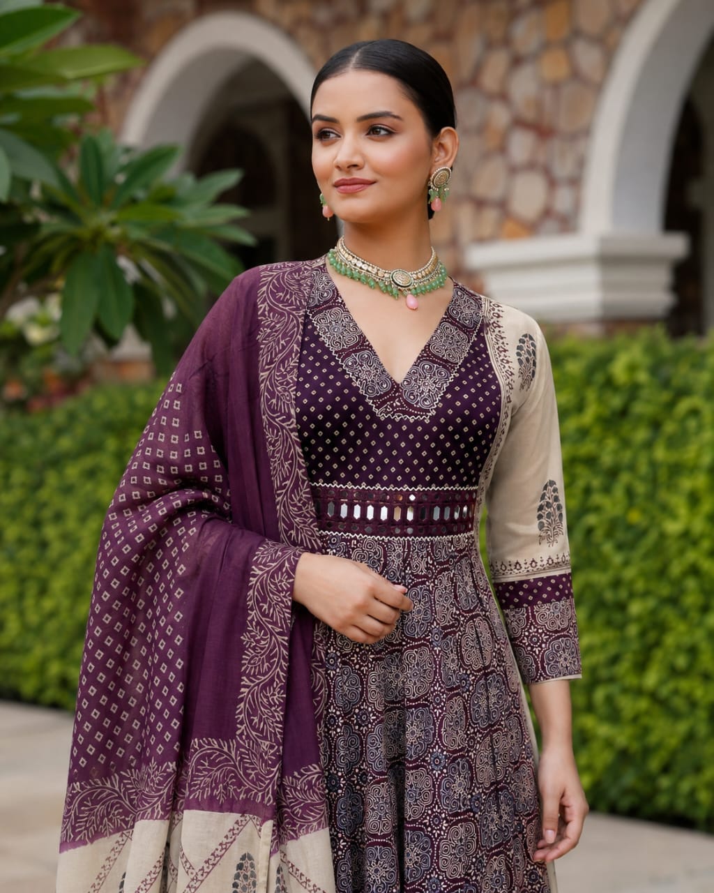 Pretty Modale with gaji silk ajrakh detailing and real mirror paired with block print cottton dupatta