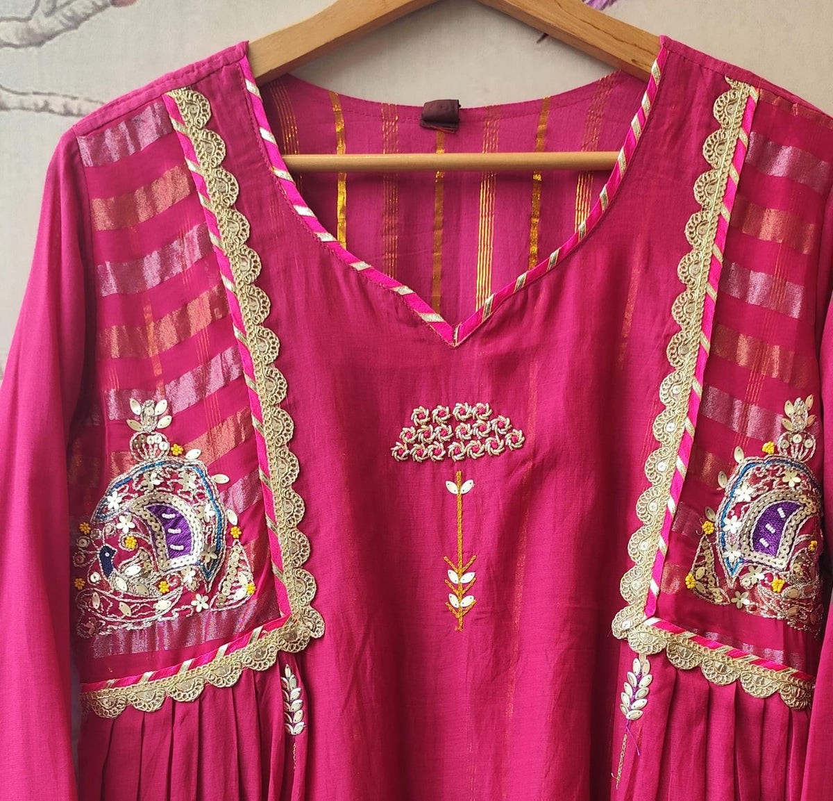 Super wow double layer Mul chanderi suit set in Rani pink