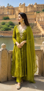 Super premium chinon handwork Anarkali suit in green