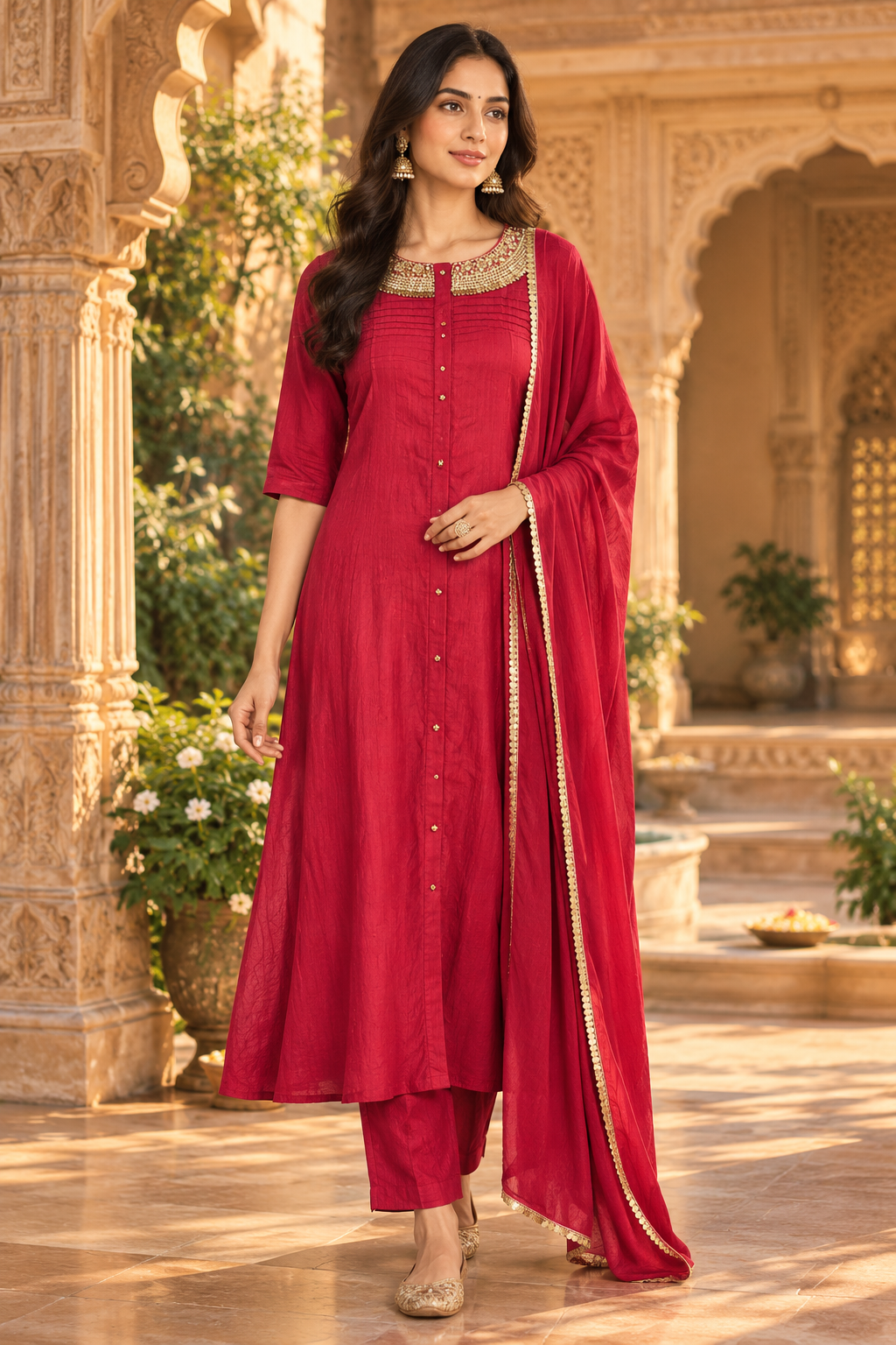 Designer red Mul chanderi handwork suit set