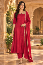 Designer red Mul chanderi handwork suit set
