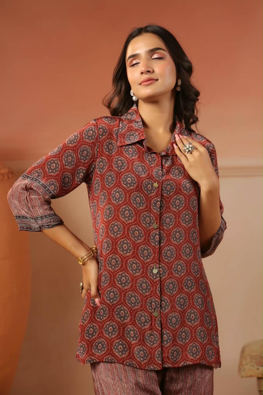 Pure crepe ajrakh co ord set in red