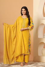 Pure cotton appliqué and zari embroidery suit set in yellown