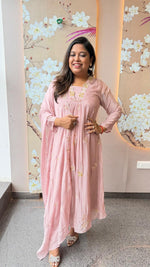 Pure chinon beautiful embroidery and pearl detailing suit set in pink