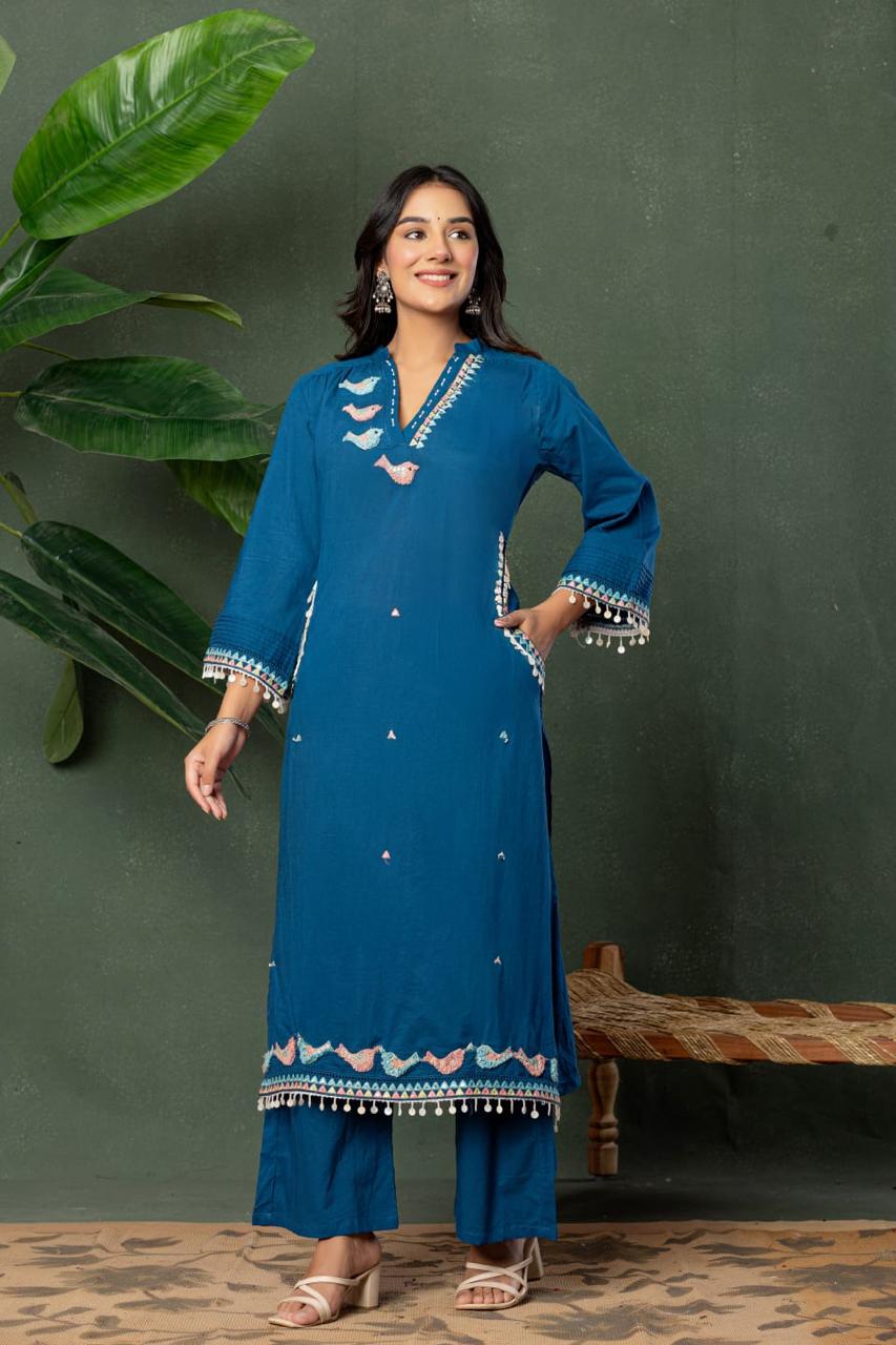 Premium cotton designer pocket with pretty embroidery suit set in blue