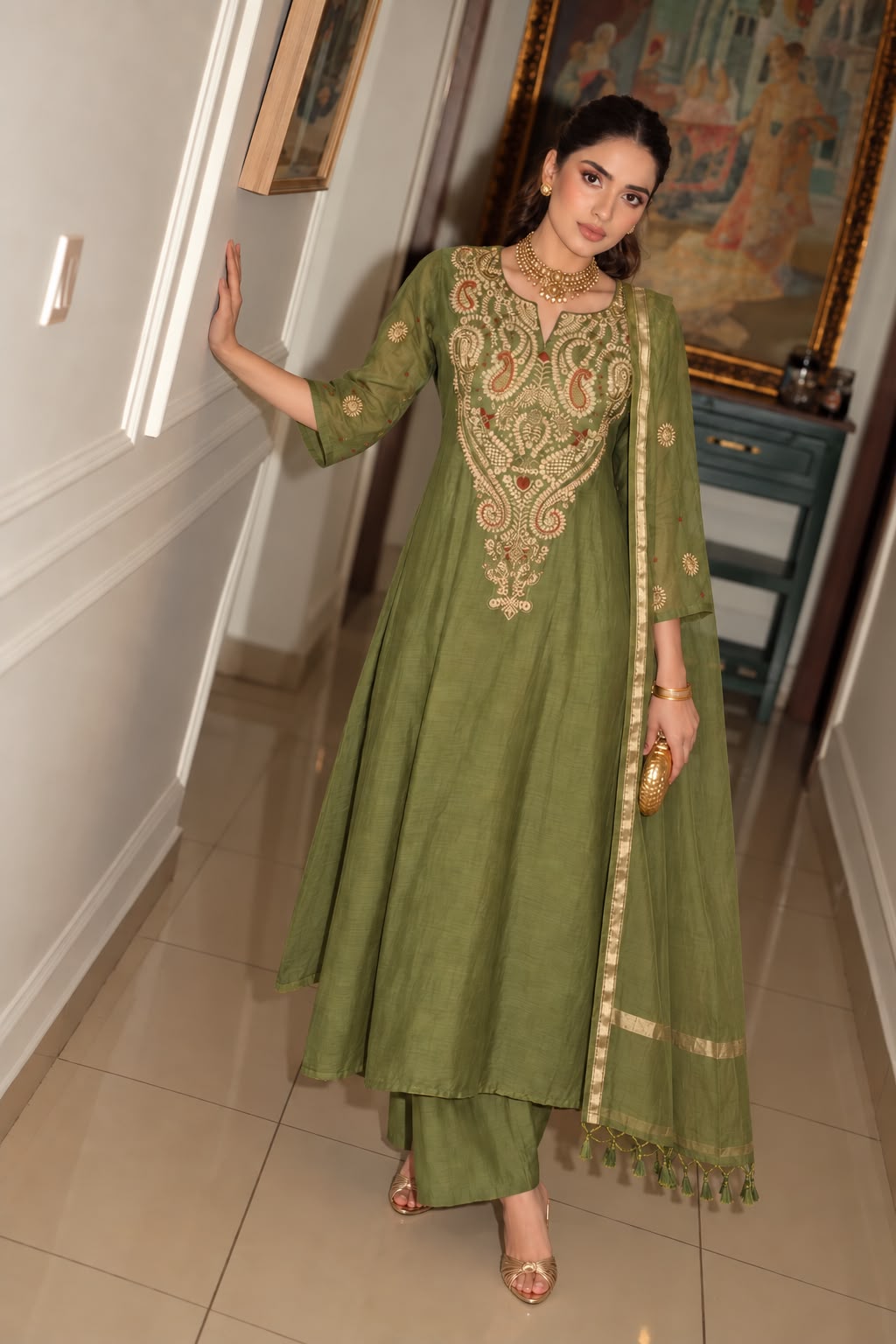 Pretty Mul chanderi with hand embroidery in green