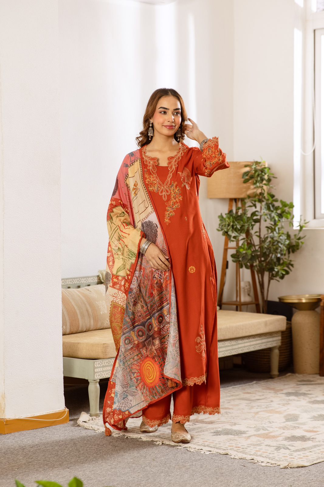Restocked heavy rayon designer co ord in orange
