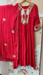 Pretty Mul chanderi in red with applique embroideryFull suit