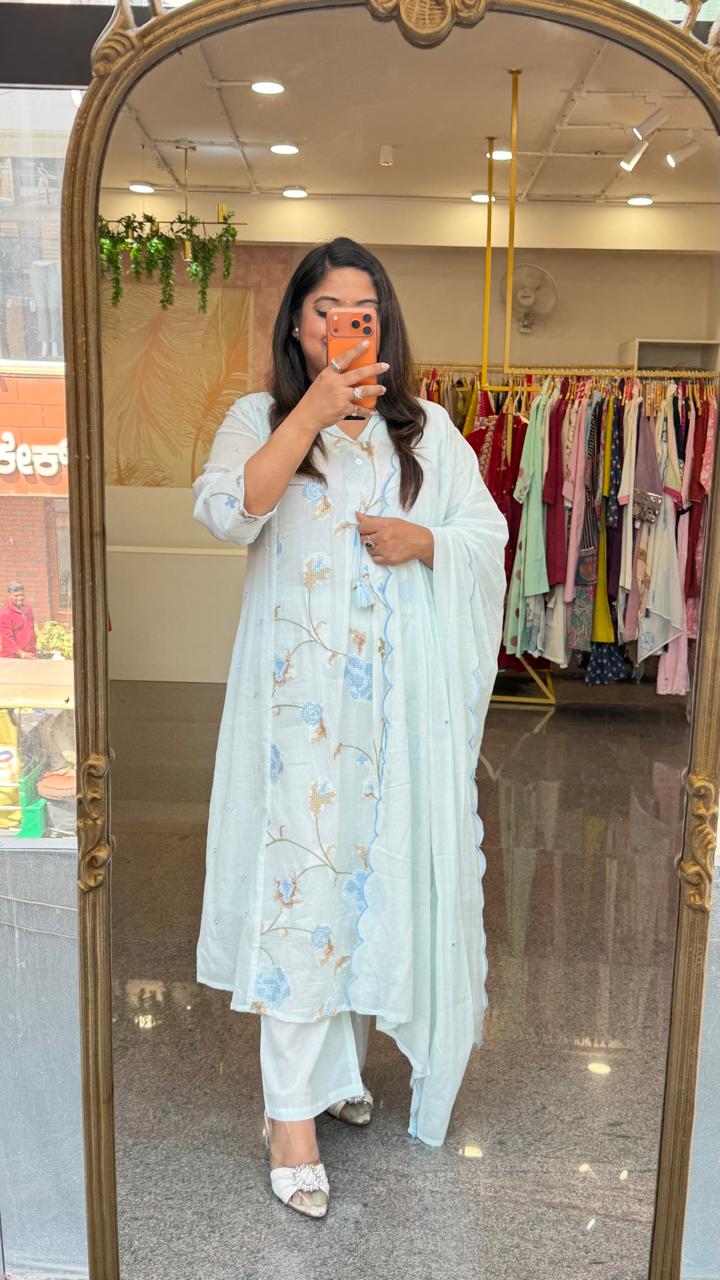 Restocked !! Premium Mul cotton fully embroidered in powder blue !!