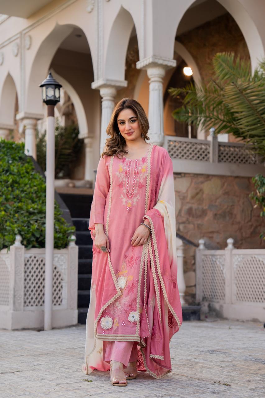 Premium crush Mul cotton super soft stylish full suit set in pink