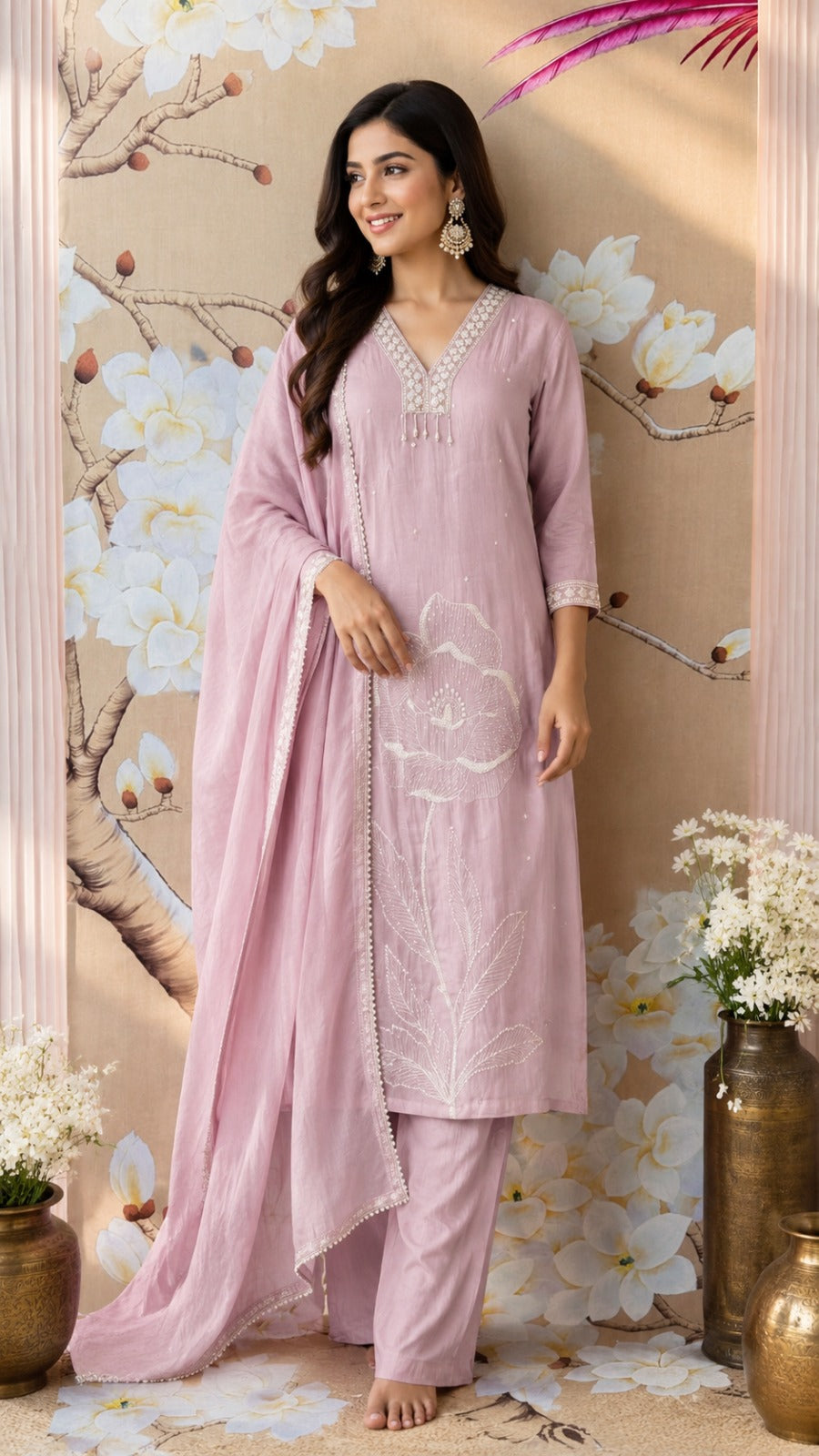 Pure Mul chanderi with hand work full suit set in lilac