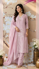 Pure Mul chanderi with hand work full suit set in lilac