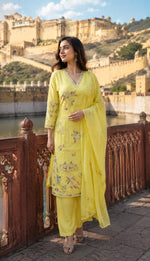 Super premium Mul cotton embroidered suit set in yellow