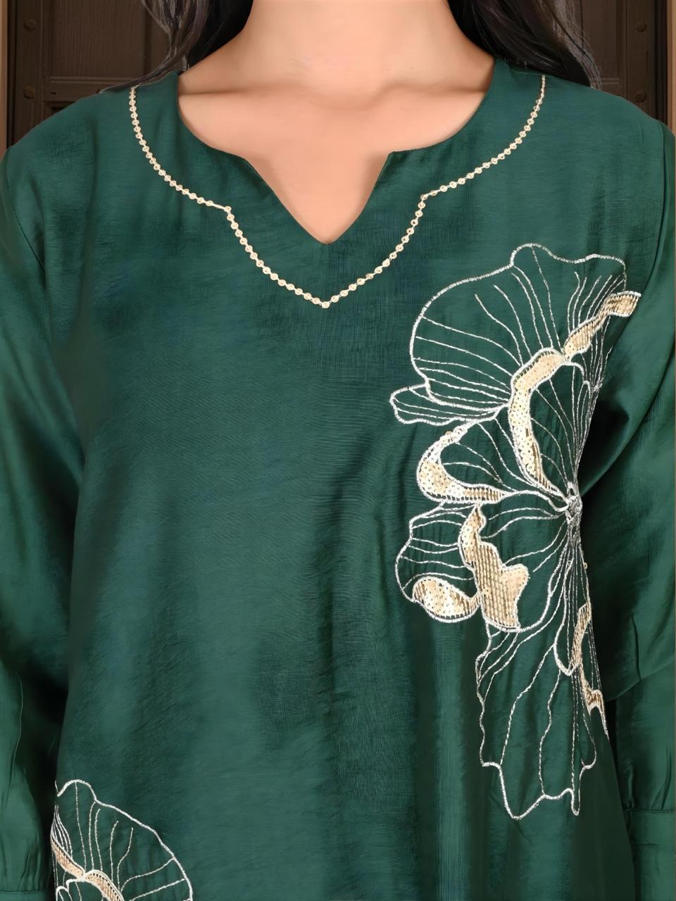 Green viscose silk with zari detailing co ord in green