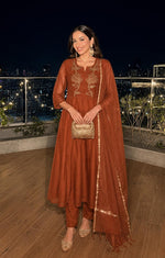 Super soft and comfortable true to size Mul Chanderi detailing suit set in rust