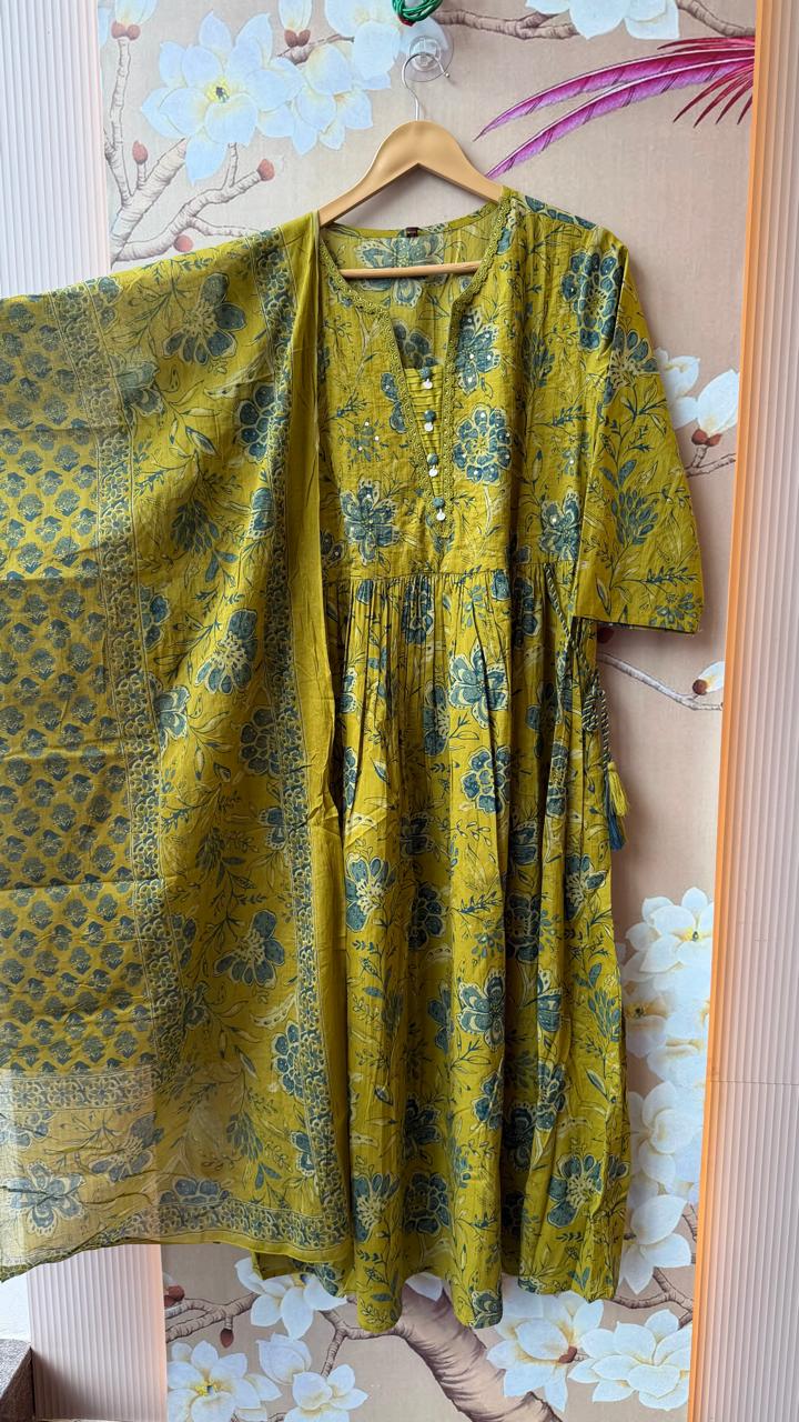 Premium cotton Anarkali suit set green