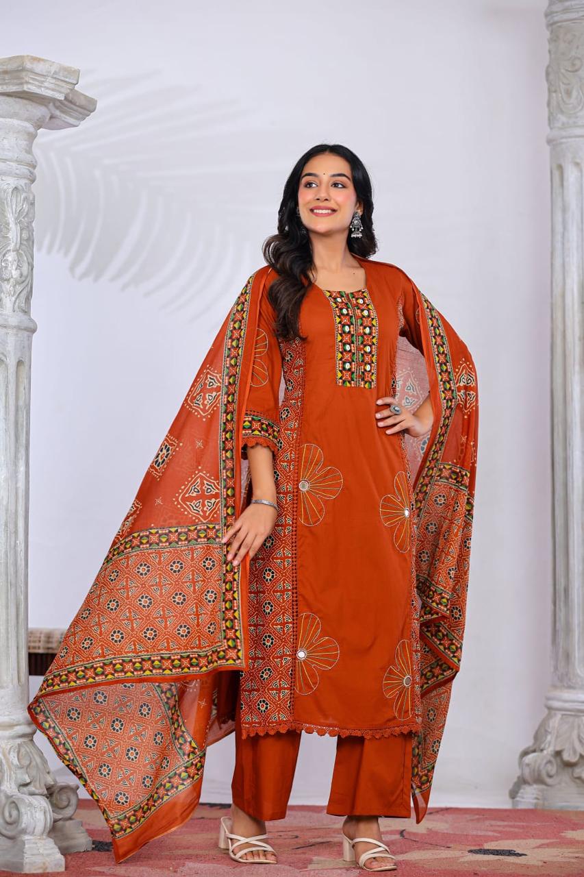 Super pretty ajrakh cotton suit set in orange