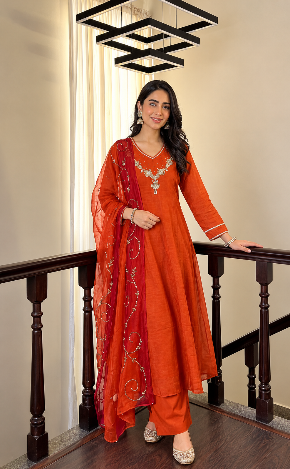 Premium Mul chanderi in orange n red with premium handwork suit set