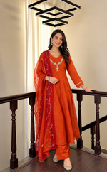 Premium Mul chanderi in orange n red with premium handwork suit set
