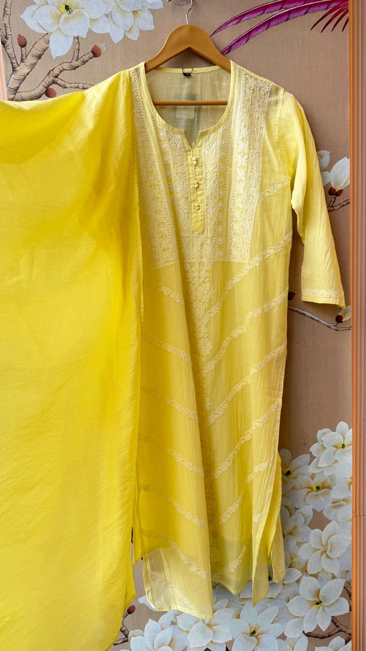 Premium crush cotton with inner hand chikankari full suit set in yellow