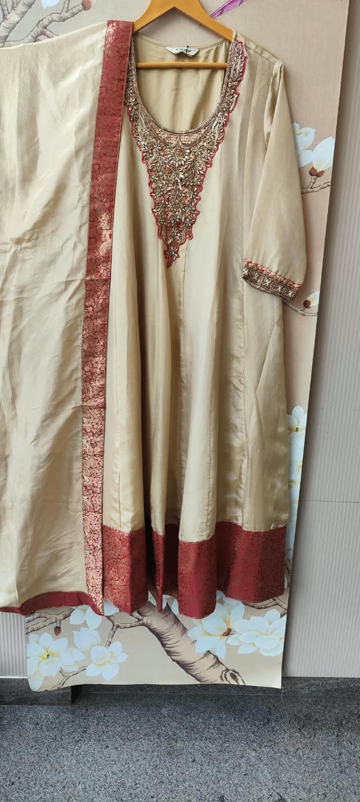 Wow tissue Anarkali suit set weigh red brocade detailing