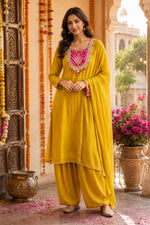 Premium Mul chanderi with bandhani detailing suit set in yellow