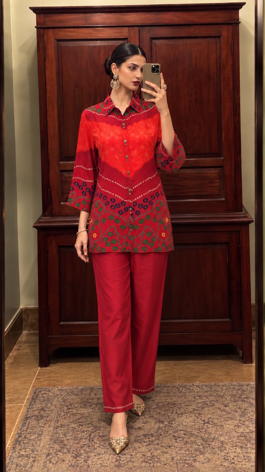 Smart crepe silk paired with plazzo pants with brass coin detailing