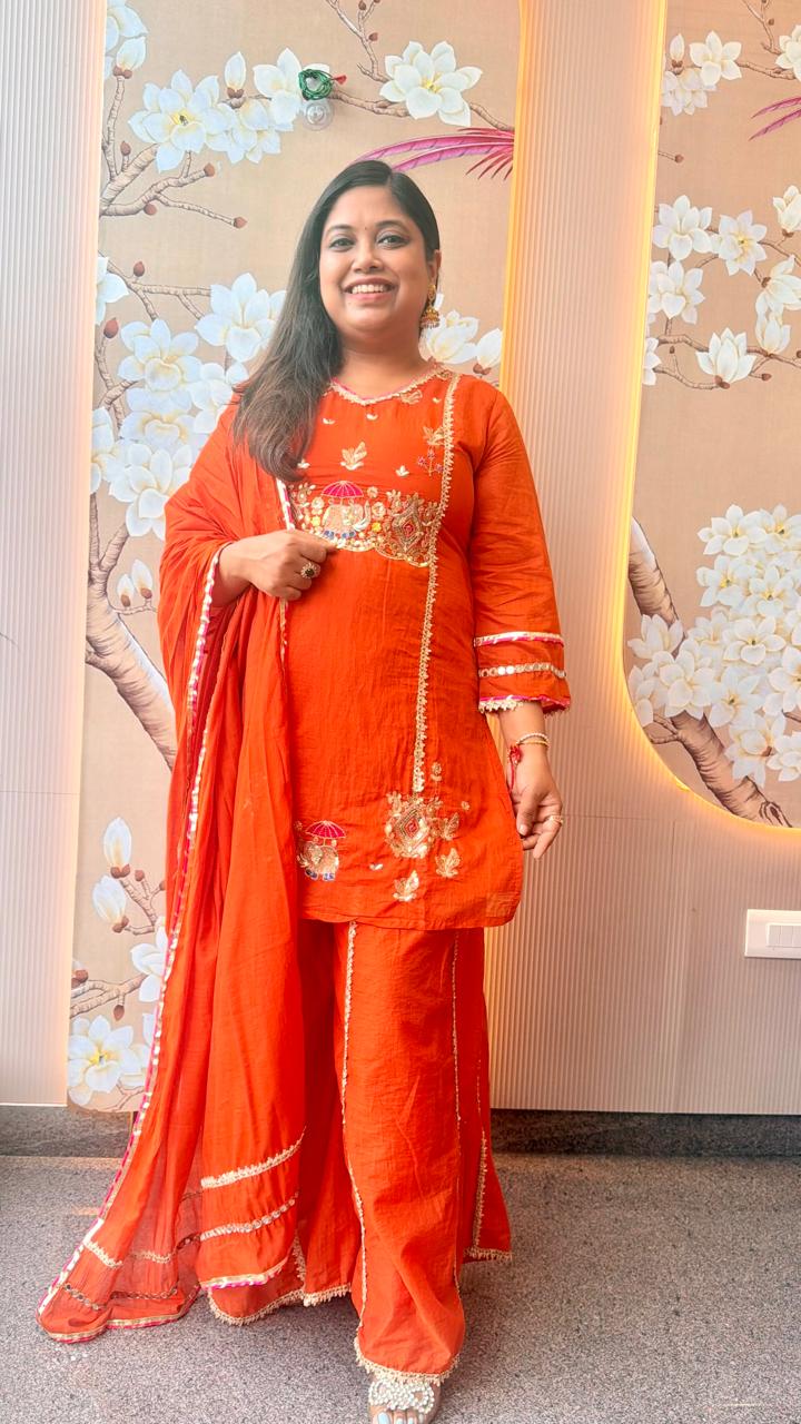 Super pretty Mul chanderi plazzo set with pretty handwork in orange (Loose fit)
