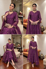 Pure Banarasi Mul chanderi with antique gold full suit set in purple
