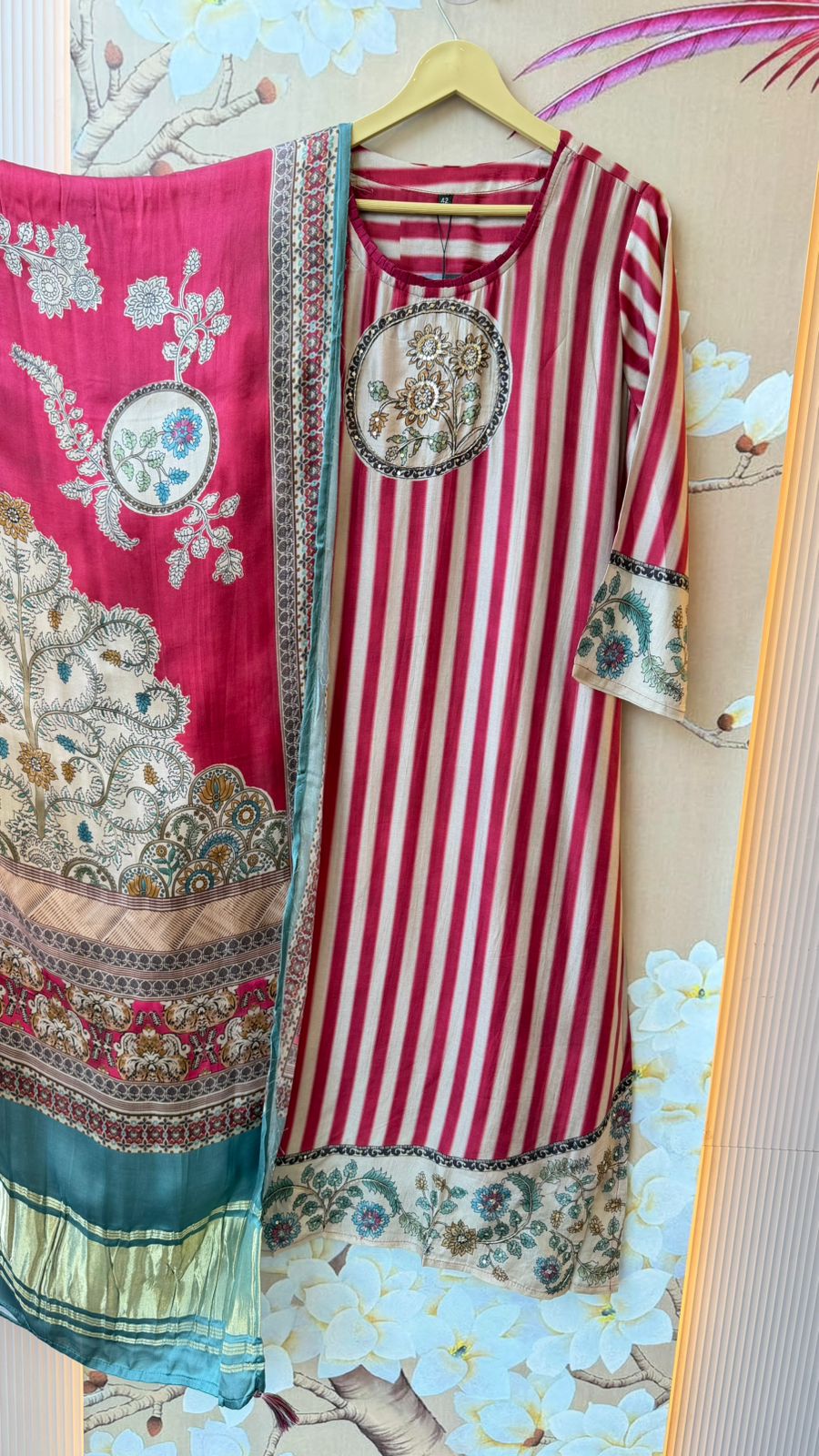 Pretty Russian silk suit paired with gaji silk lakri patta dupatta