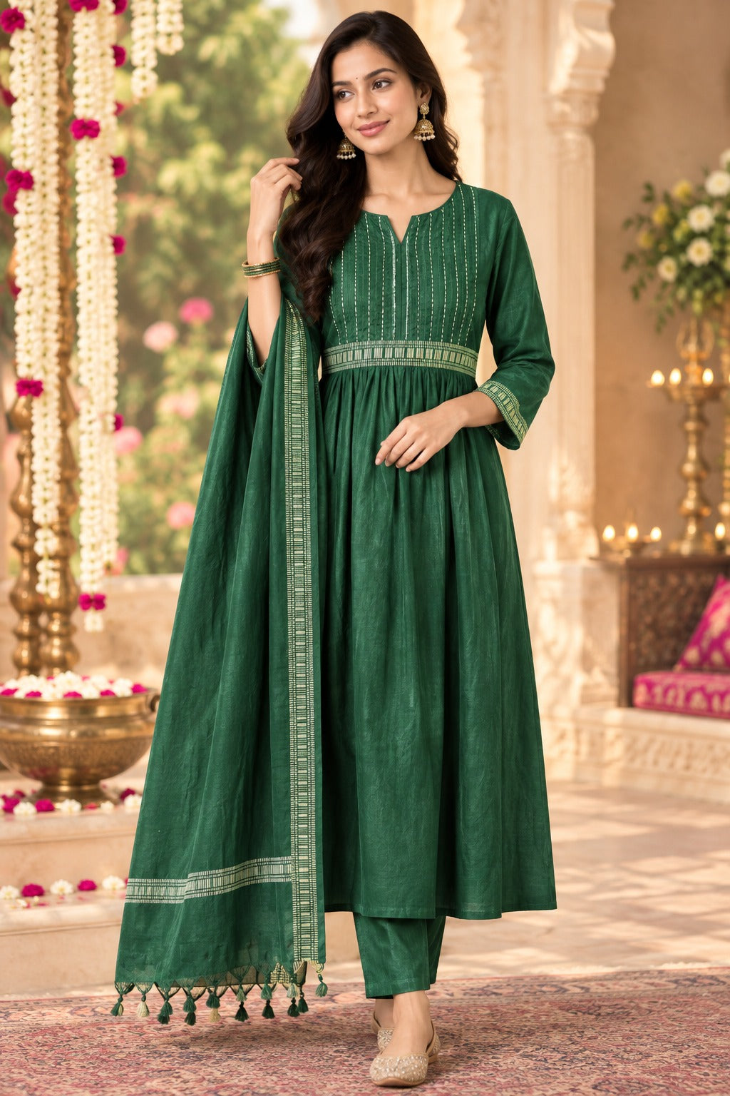 Handloom cotton katha detailing full suit set in green