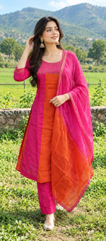 Pretty Mul Chanderi Suit set in Orange n Pink